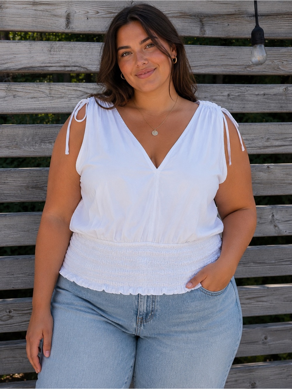 Old Navy White V-Neck Smocked-Hem Sleeveless Top